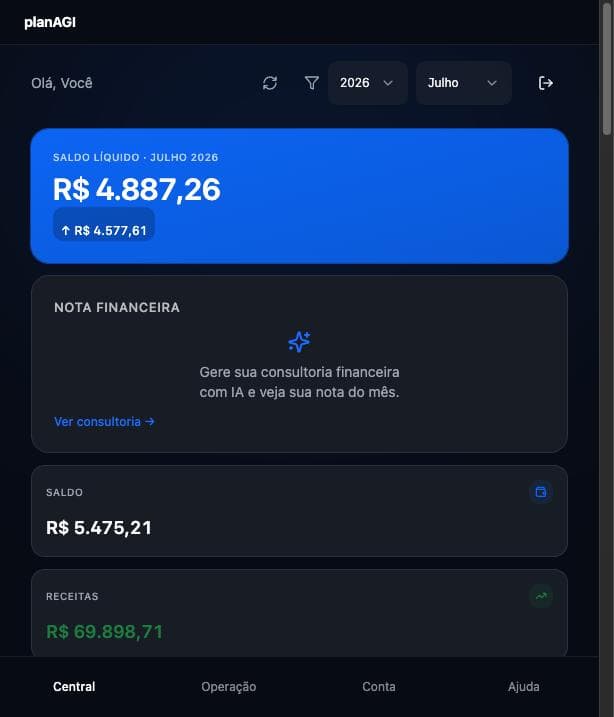 O mesmo dashboard do planAGI aberto no celular